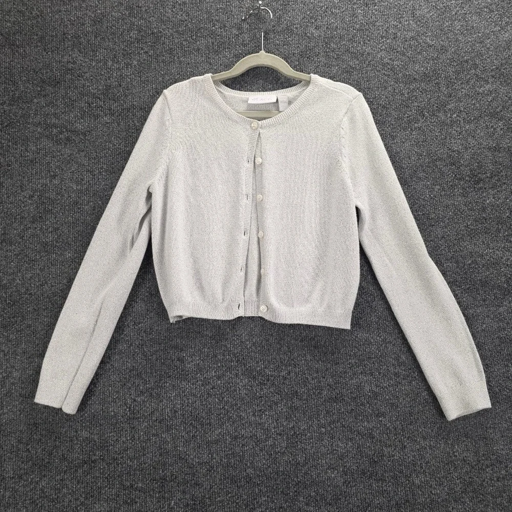 The Childrens Place Girls Silver Metallic Shimmer Button Front Cardigan Sz 10/12